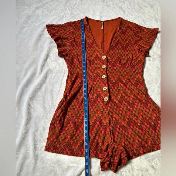 Free People Printed Button Front Romper Red Combo Boho Festival | Size L - Picture 12 of 12